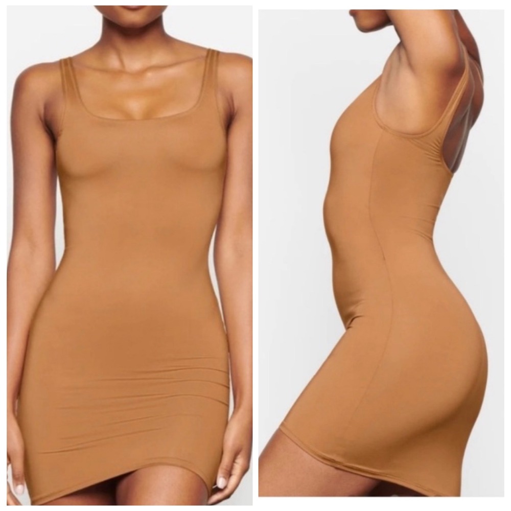 SKIMS Signature Swim Tank Dress Ochre Brown Mini Bodycon Womens L